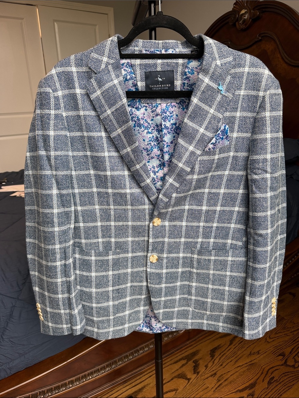 Tailorbyrd Blue-Gray Windowpane Sport Coat with Floral Lining
